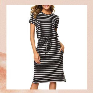 Black & White Striped Soft Knit Short Sleeve Midi Dress